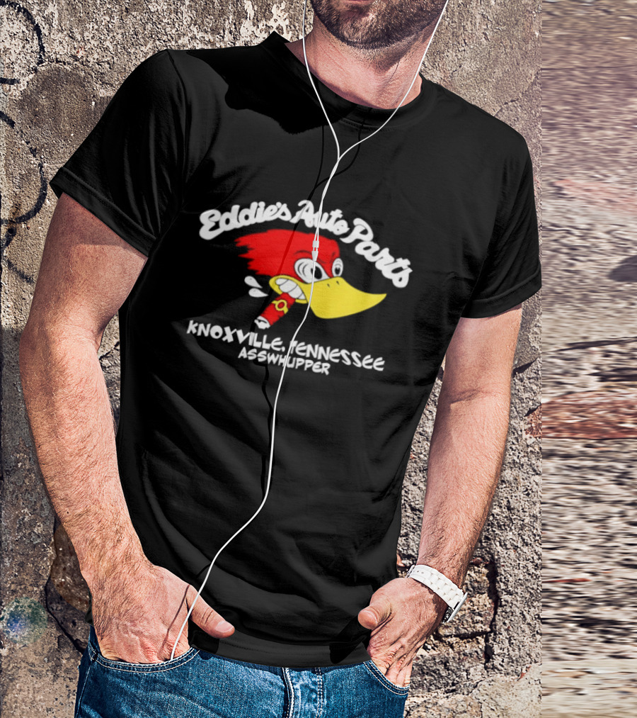 Eddie's Auto Parts Knoxville Tennessee Asswhupper Cartoon Bird Image T-Shirt