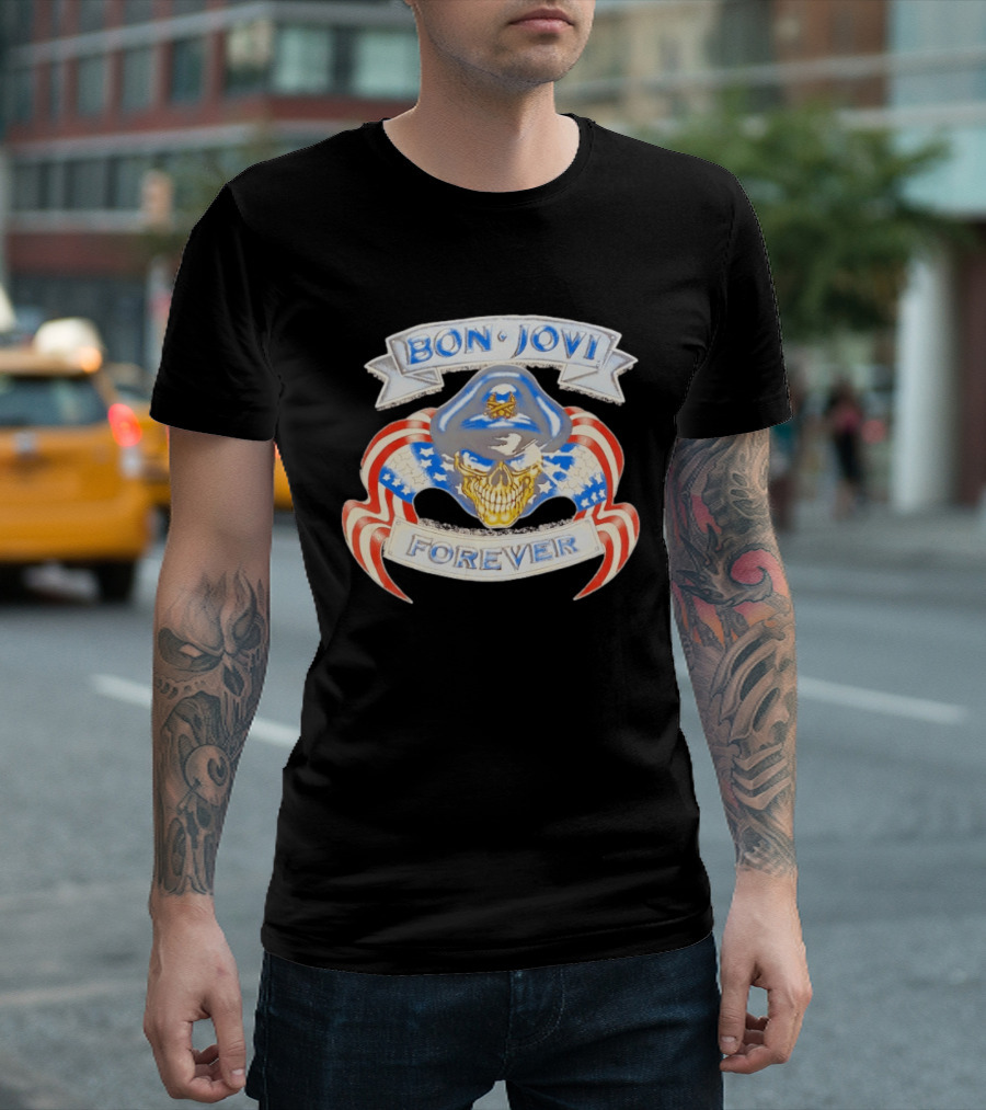 Bon Jovi Forever Skull With American Flag Banners And Blue Cap T-Shirt