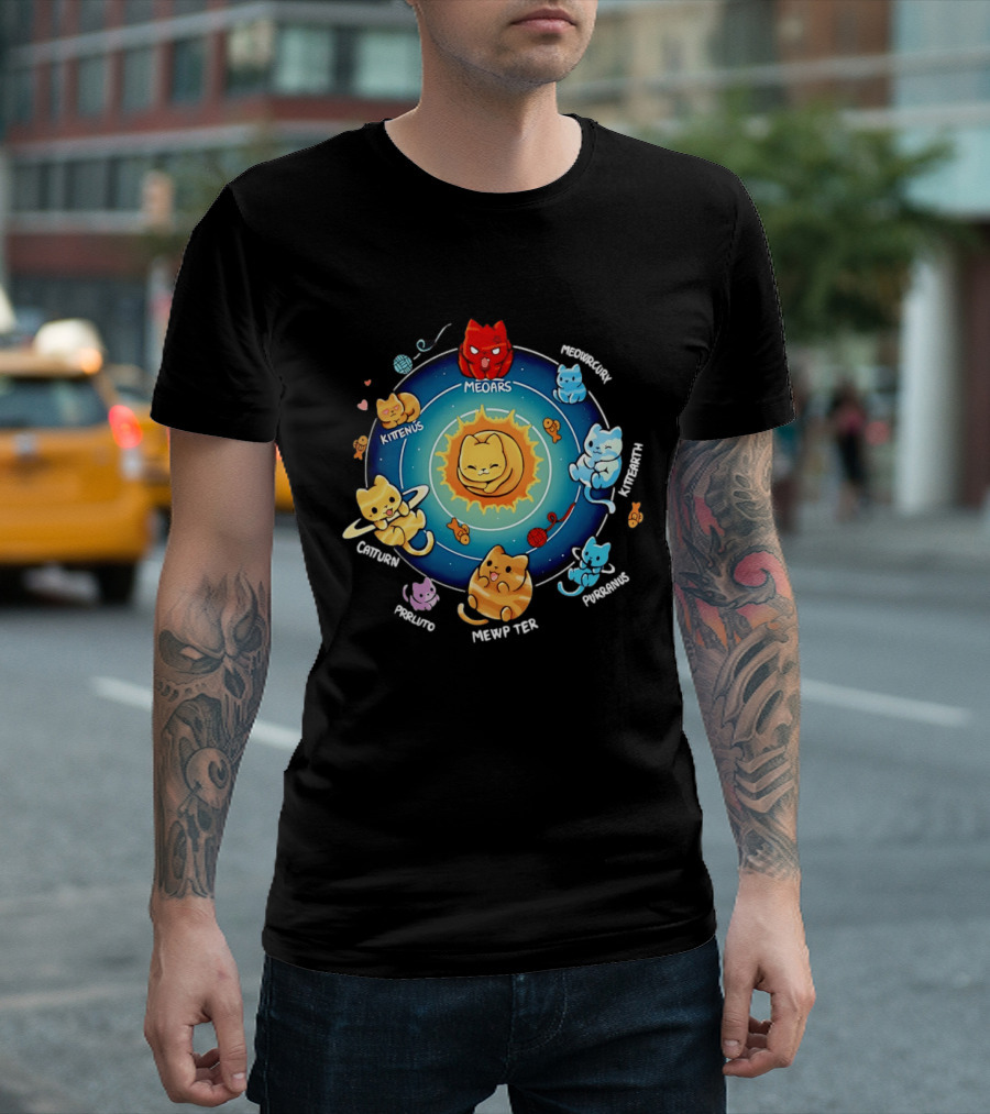 Cat Solar System Pun With Meowars And Planets Names Like Kittenus And Purrurns T-Shirt