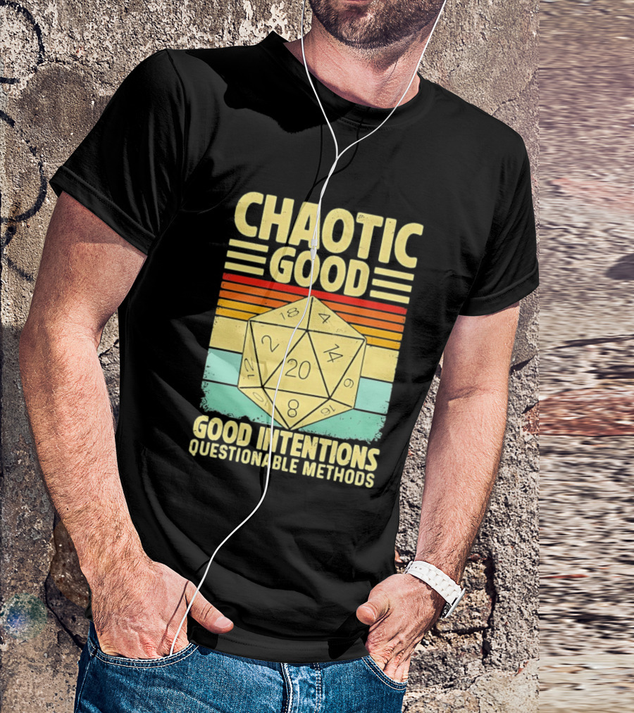 Chaotic Good D20 Good Intentions Questionable Methods Stripes T-Shirt
