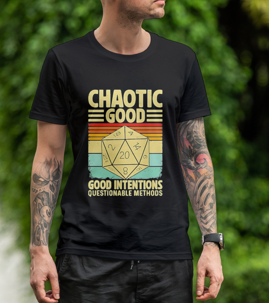 Chaotic Good D20 Good Intentions Questionable Methods Stripes T-Shirt