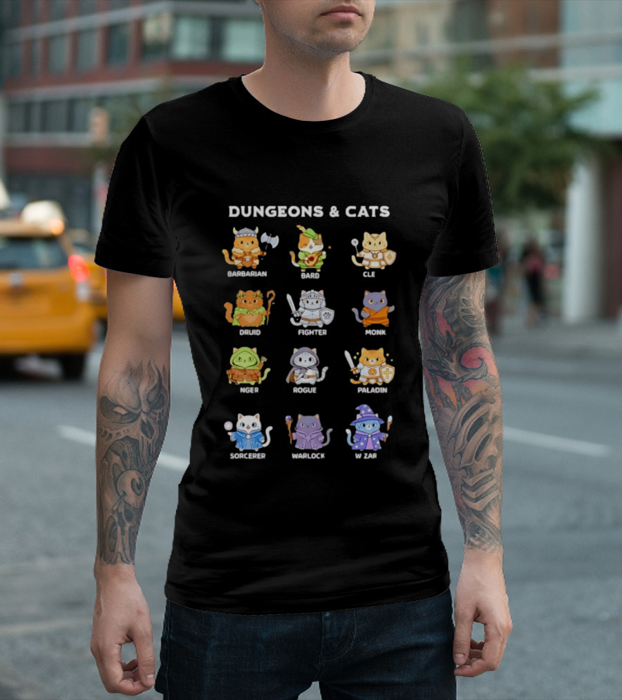 Dungeons And Cats Barbarian Bard Cleric Druid Fighter Monk Mage Rogue Paladin Sorcerer Warlock Wizard T-Shirt
