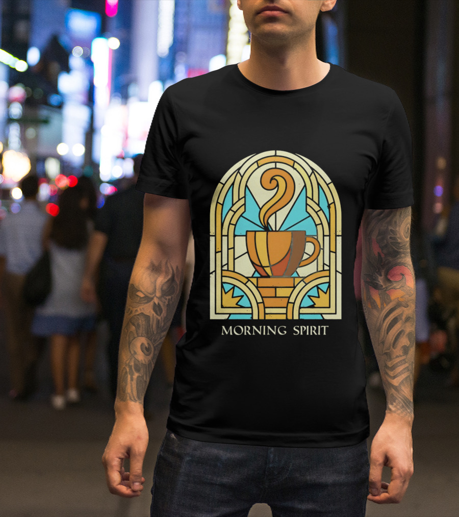 Morning Spirit Coffee Cup Stained Glass Art Deco T-Shirt