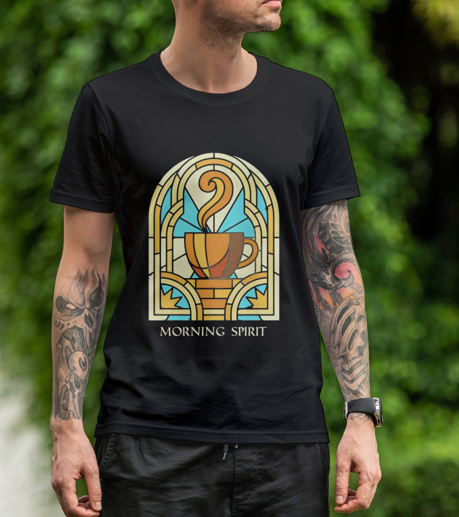 Morning Spirit Coffee Cup Stained Glass Art Deco T-Shirt