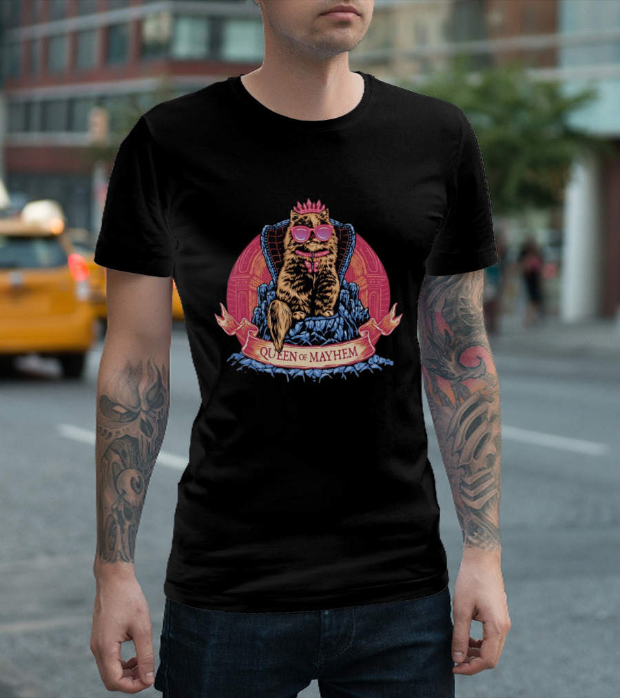 Queen Of Mayhem Cat With Pink Crown And Glasses On Throne T-Shirt