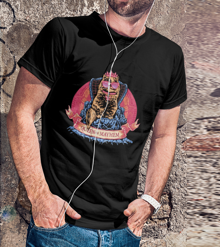 Queen Of Mayhem Cat With Pink Crown And Glasses On Throne T-Shirt