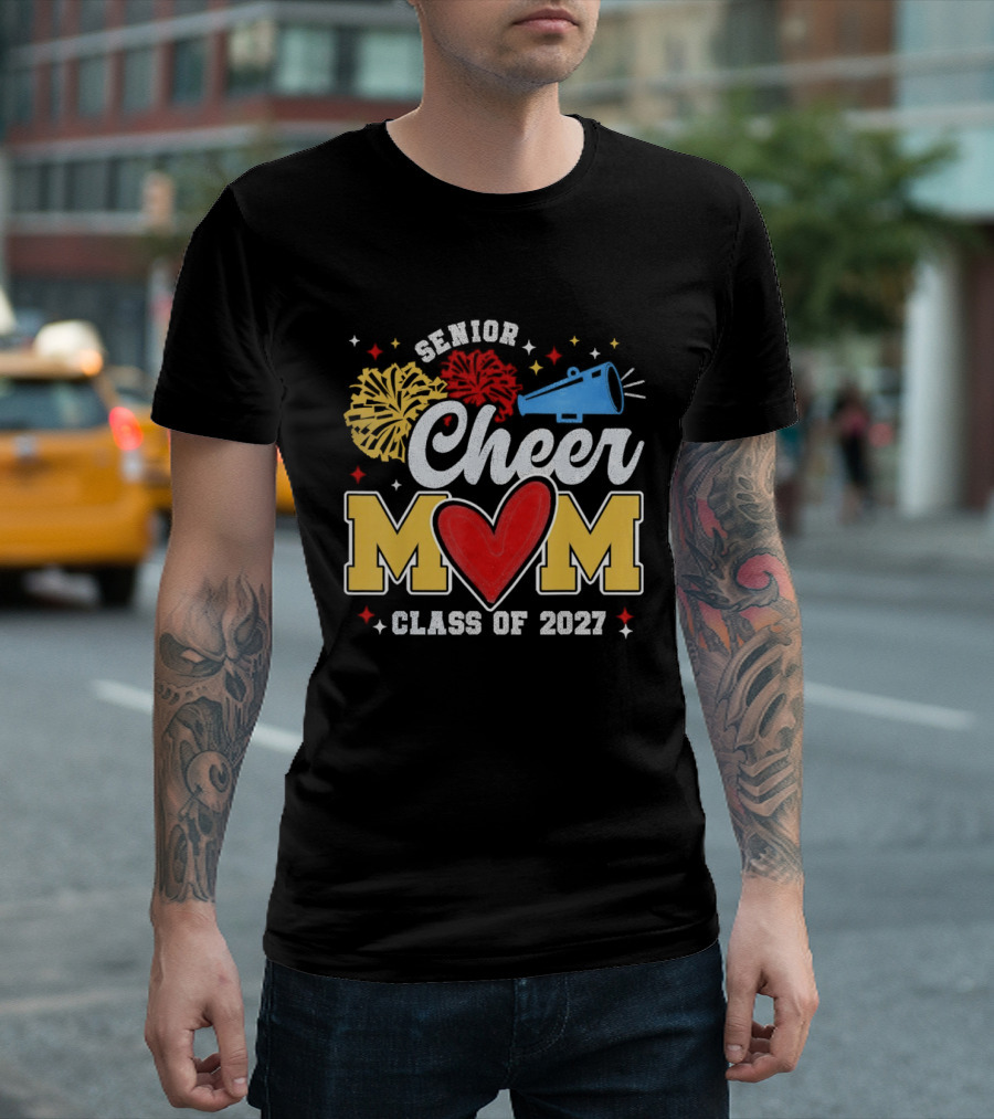 Senior Cheer Mom Megaphone Heart Pom Poms Class Of 2027 T-Shirt