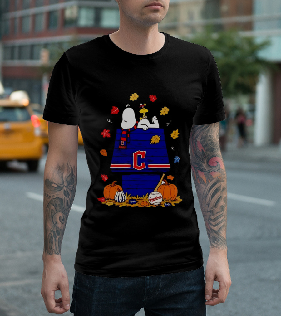 Snoopy Woodstock Cleveland Guardians Fall Baseball Pumpkins Autumn Leaves T-Shirt