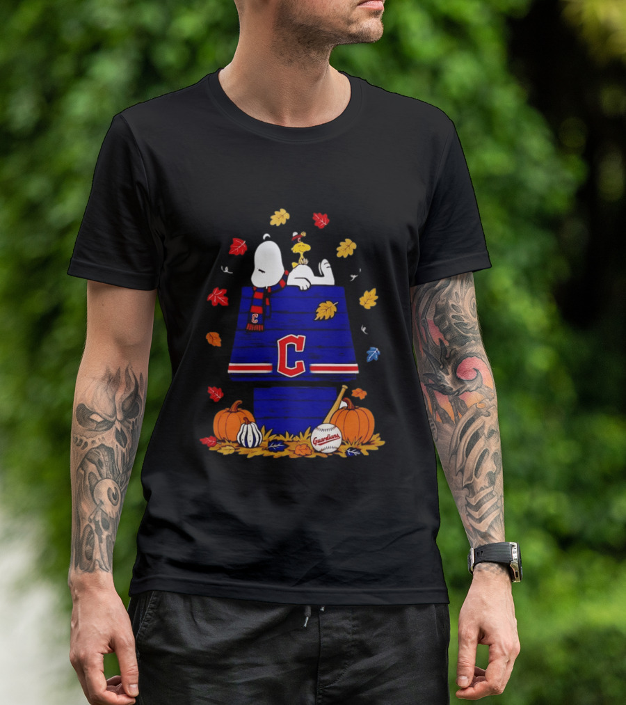 Snoopy Woodstock Cleveland Guardians Fall Baseball Pumpkins Autumn Leaves T-Shirt