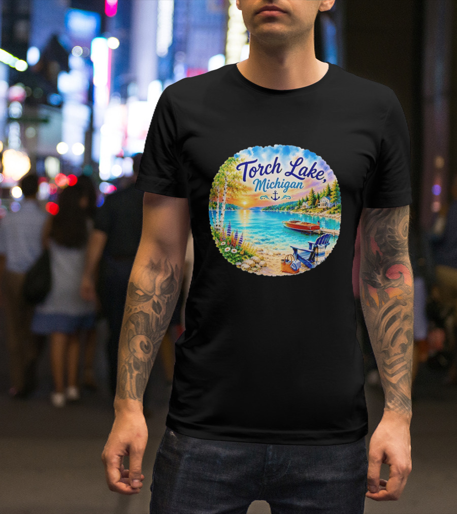 Torch Lake Michigan Sunset Scenic Lakeside Anchor T-Shirt