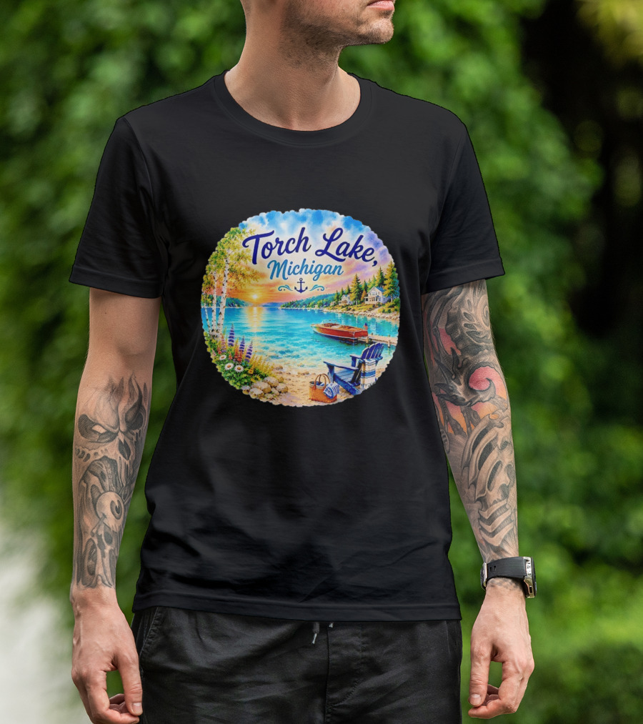 Torch Lake Michigan Sunset Scenic Lakeside Anchor T-Shirt
