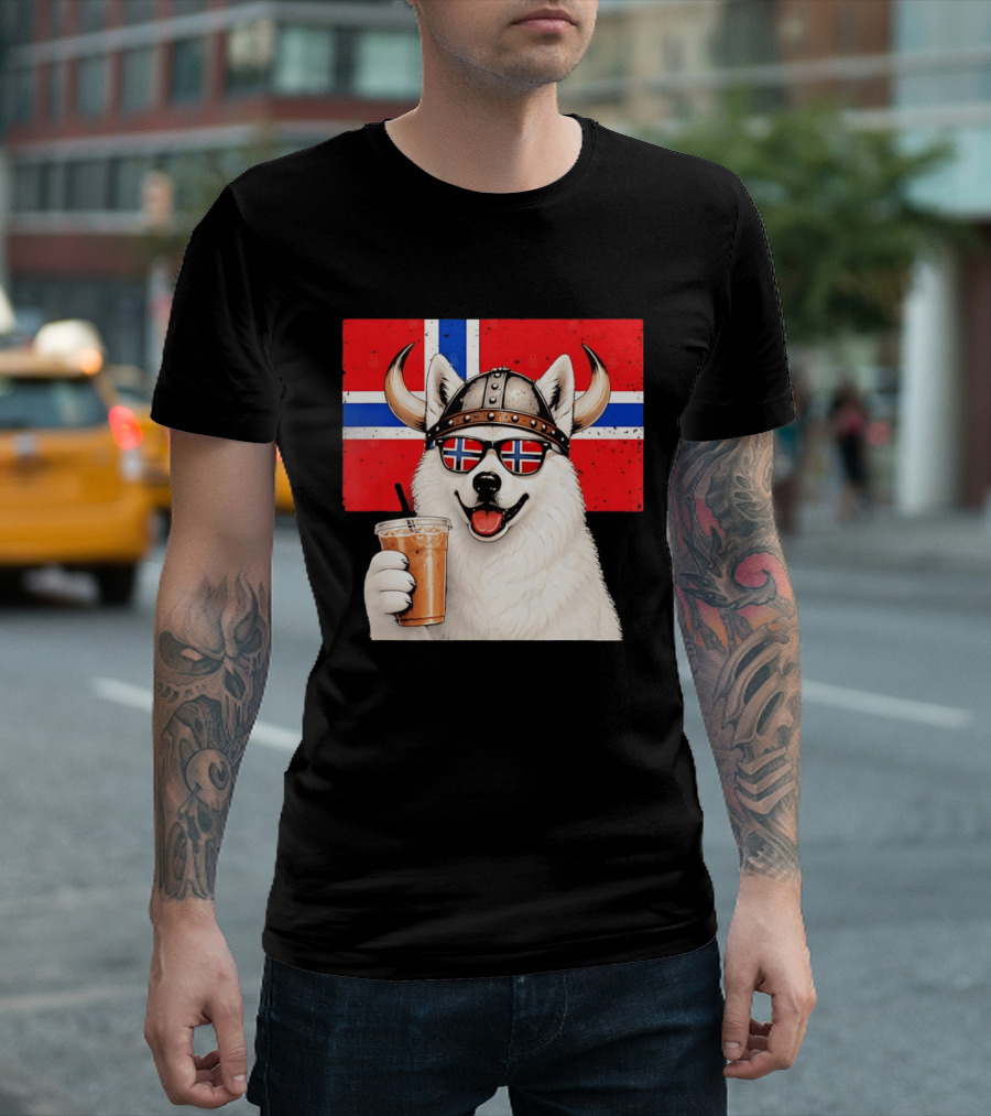 Viking Husky With Norwegian Flag Glasses And Iced Coffee T-Shirt