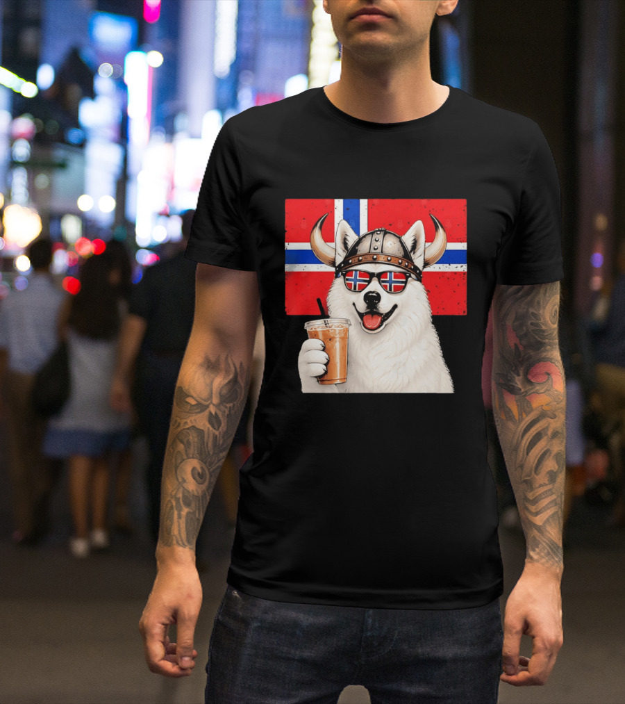 Viking Husky With Norwegian Flag Glasses And Iced Coffee T-Shirt