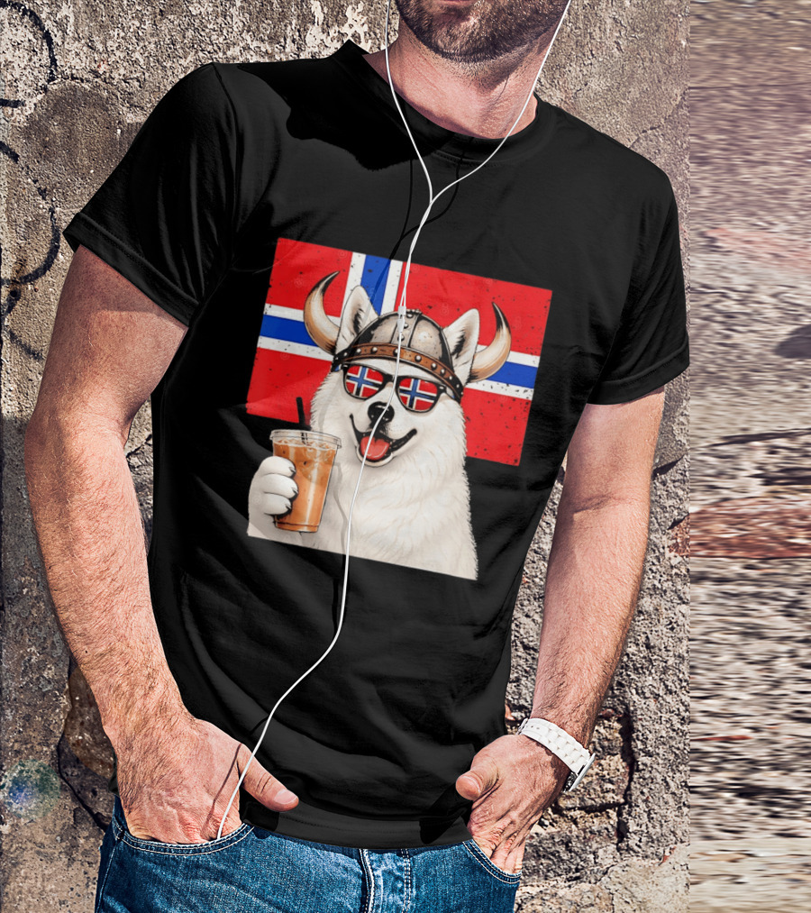 Viking Husky With Norwegian Flag Glasses And Iced Coffee T-Shirt