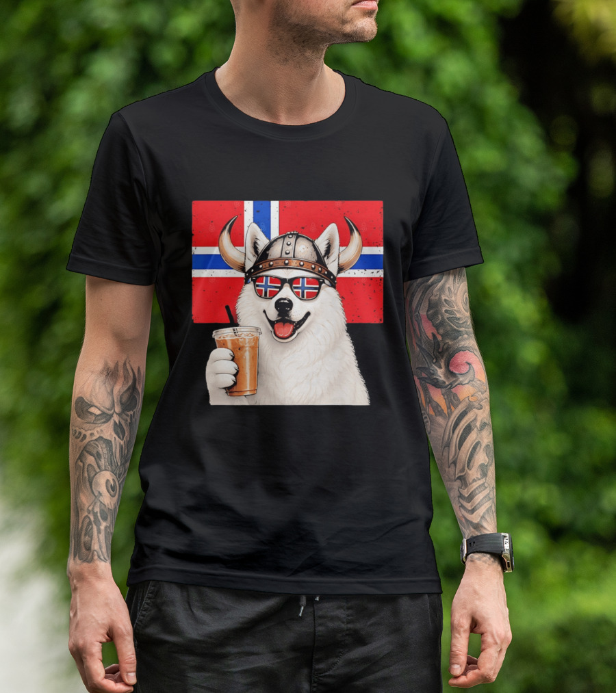Viking Husky With Norwegian Flag Glasses And Iced Coffee T-Shirt