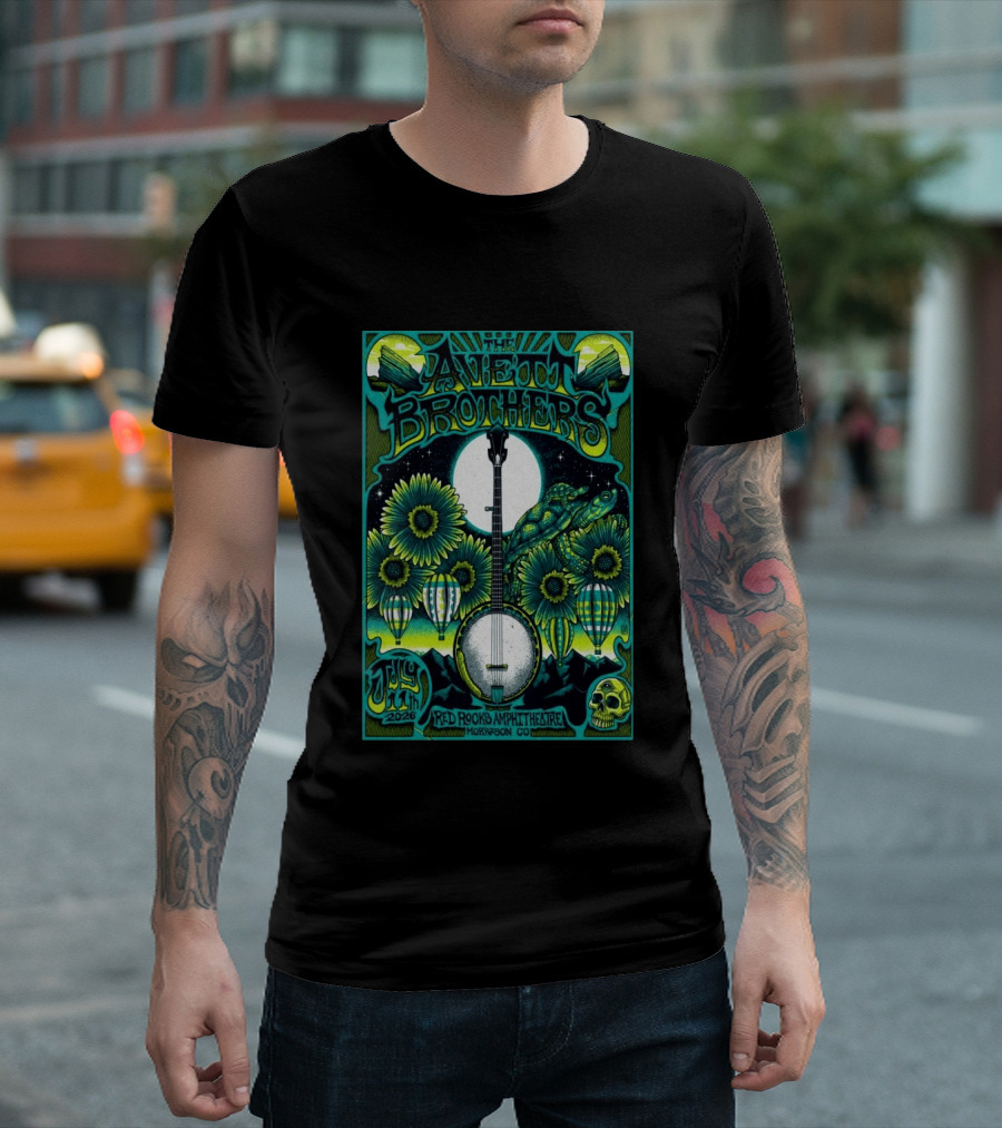 The Avett Brothers Red Rocks Amphitheatre July 11 2026 Morrison CO Banjo Sunflowers Hot Air Balloons Turtles Skulls T-Shirt