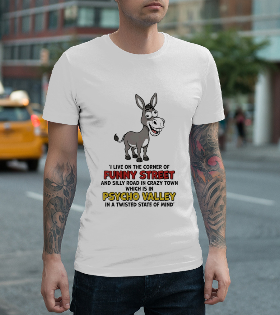 Donkey I Live On The Corner Of Funny Street And Silly Road In Crazy Town Psycho Valley In A Twisted State Of Mind T-Shirt