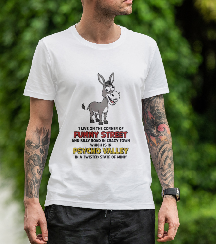 Donkey I Live On The Corner Of Funny Street And Silly Road In Crazy Town Psycho Valley In A Twisted State Of Mind T-Shirt