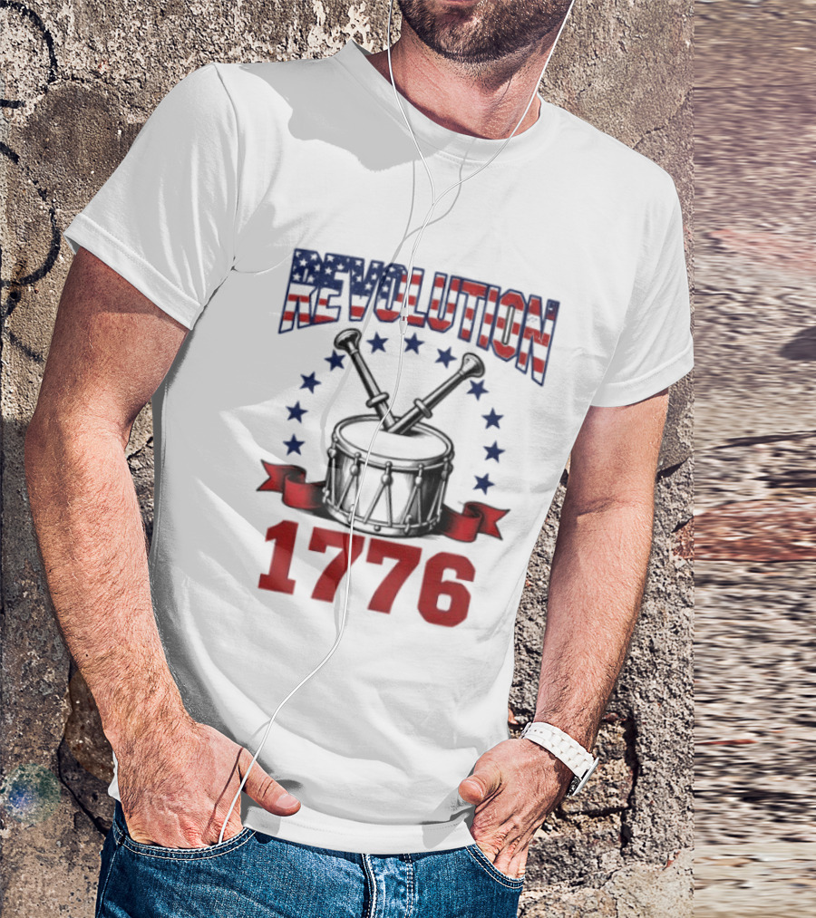 Revolution 1776 American Independence Drum With Stars And Crossed Drumsticks T-Shirt