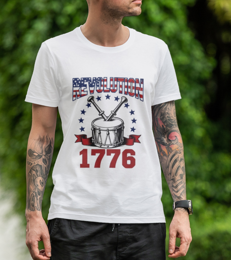 Revolution 1776 American Independence Drum With Stars And Crossed Drumsticks T-Shirt