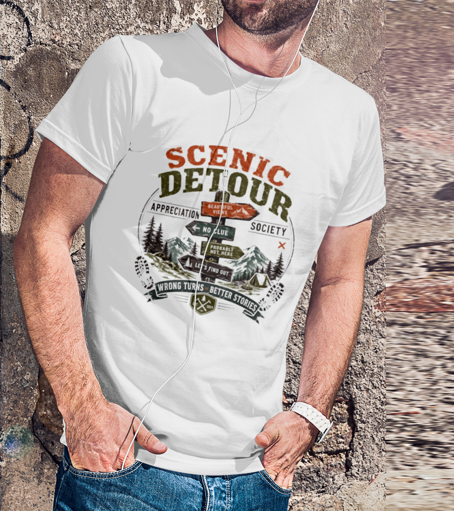 Scenic Detour Appreciation Society No Clue Adventure Awaits Better Stories T-Shirt