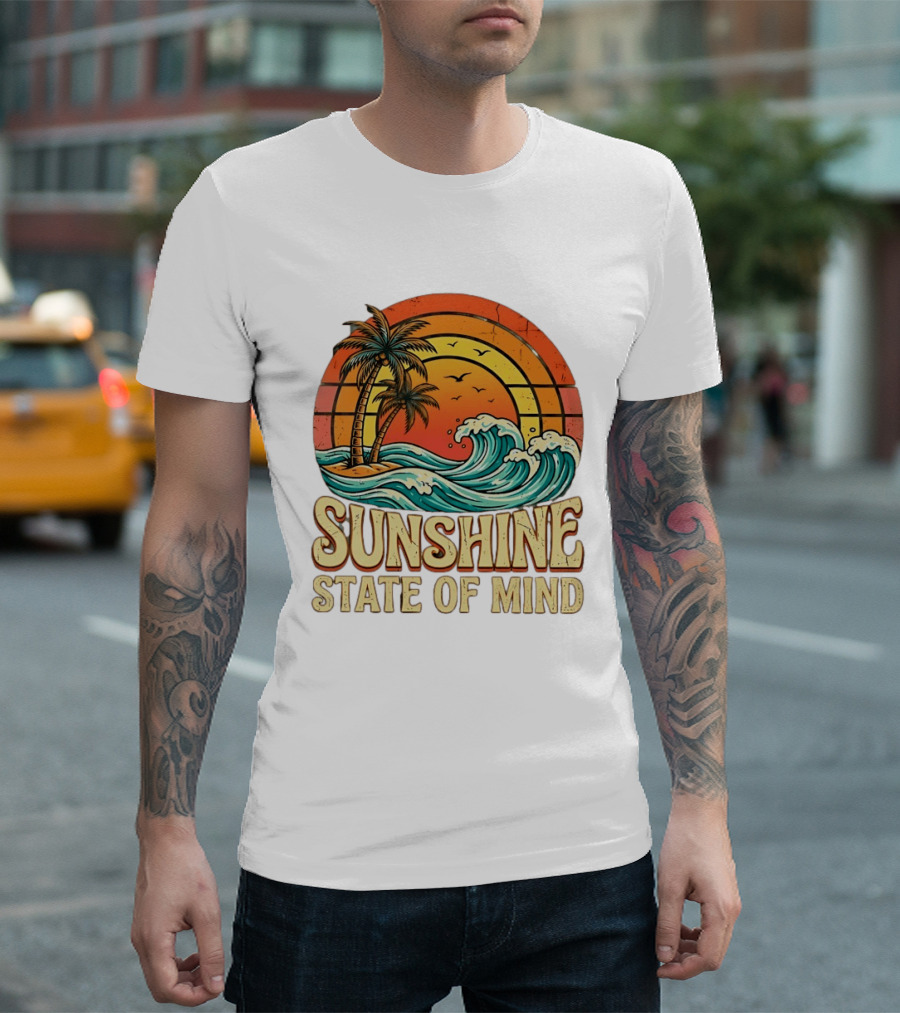 Sunshine State Of Mind Palm Trees Crashing Waves Sunset T-Shirt