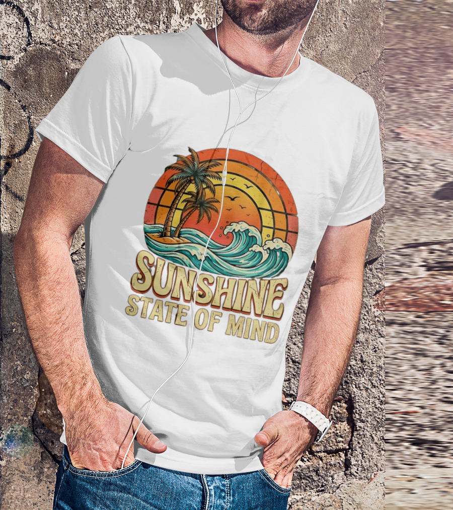 Sunshine State Of Mind Palm Trees Crashing Waves Sunset T-Shirt