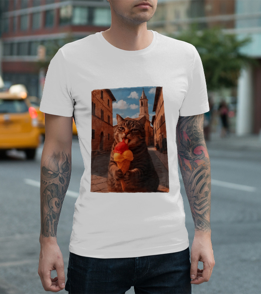 Tabby Cat Eating Ice Cream Cone In Italian Village Street Scene T-Shirt