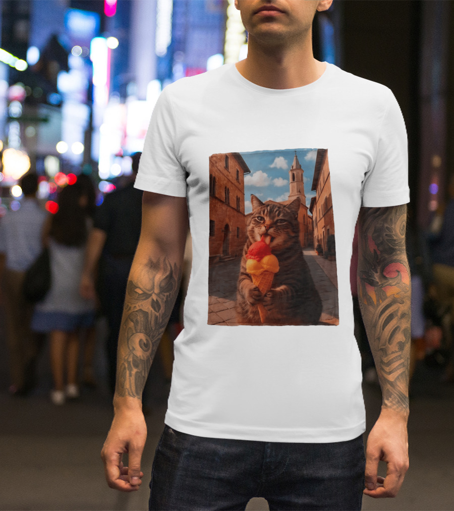 Tabby Cat Eating Ice Cream Cone In Italian Village Street Scene T-Shirt