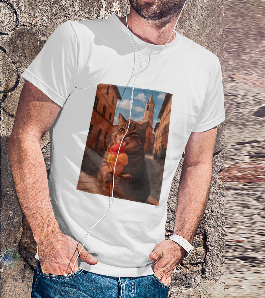 Tabby Cat Eating Ice Cream Cone In Italian Village Street Scene T-Shirt