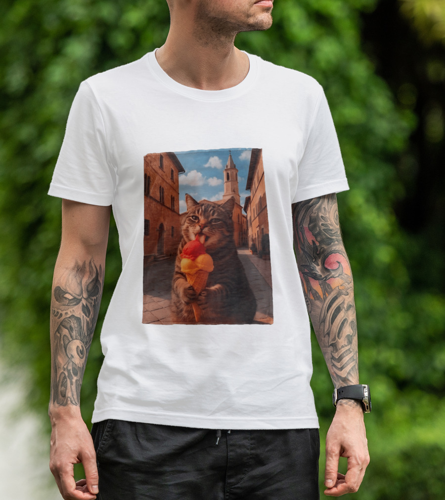 Tabby Cat Eating Ice Cream Cone In Italian Village Street Scene T-Shirt