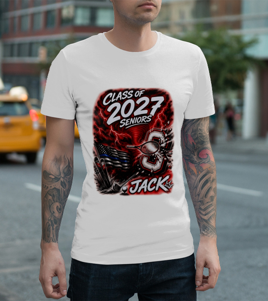 Class Of 2027 Seniors Jack Black Flag Lightning Tennis Football T-Shirt