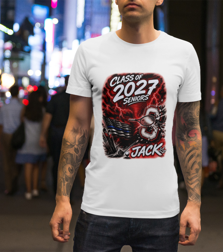 Class Of 2027 Seniors Jack Black Flag Lightning Tennis Football T-Shirt