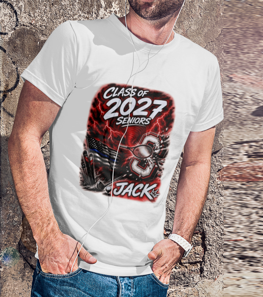 Class Of 2027 Seniors Jack Black Flag Lightning Tennis Football T-Shirt