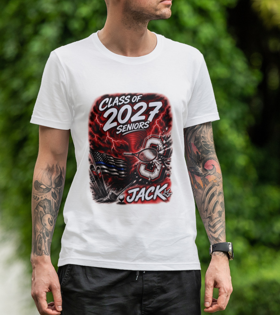 Class Of 2027 Seniors Jack Black Flag Lightning Tennis Football T-Shirt