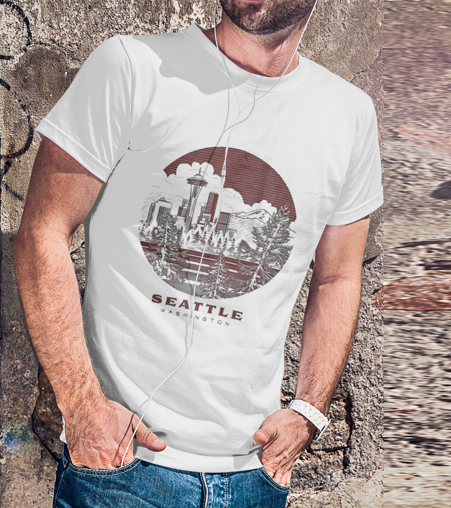 Seattle Washington Skyline Space Needle Mountains Forest T-Shirt