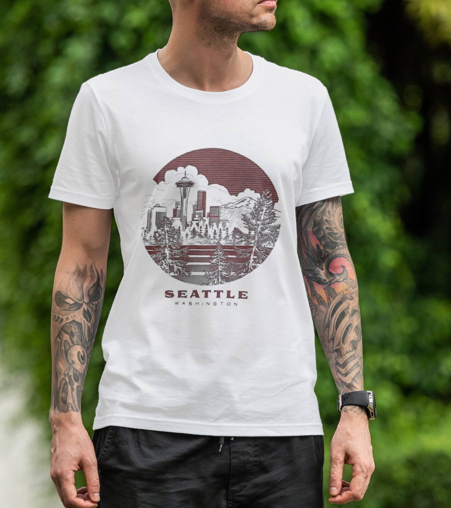 Seattle Washington Skyline Space Needle Mountains Forest T-Shirt