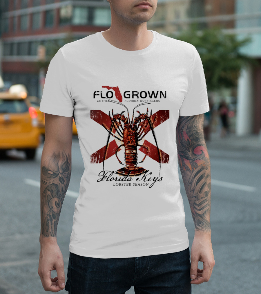 FLO GROWN Authentic Florida Outdoors Florida Keys Lobster Season Spiny Lobster Florida Flag T-Shirt