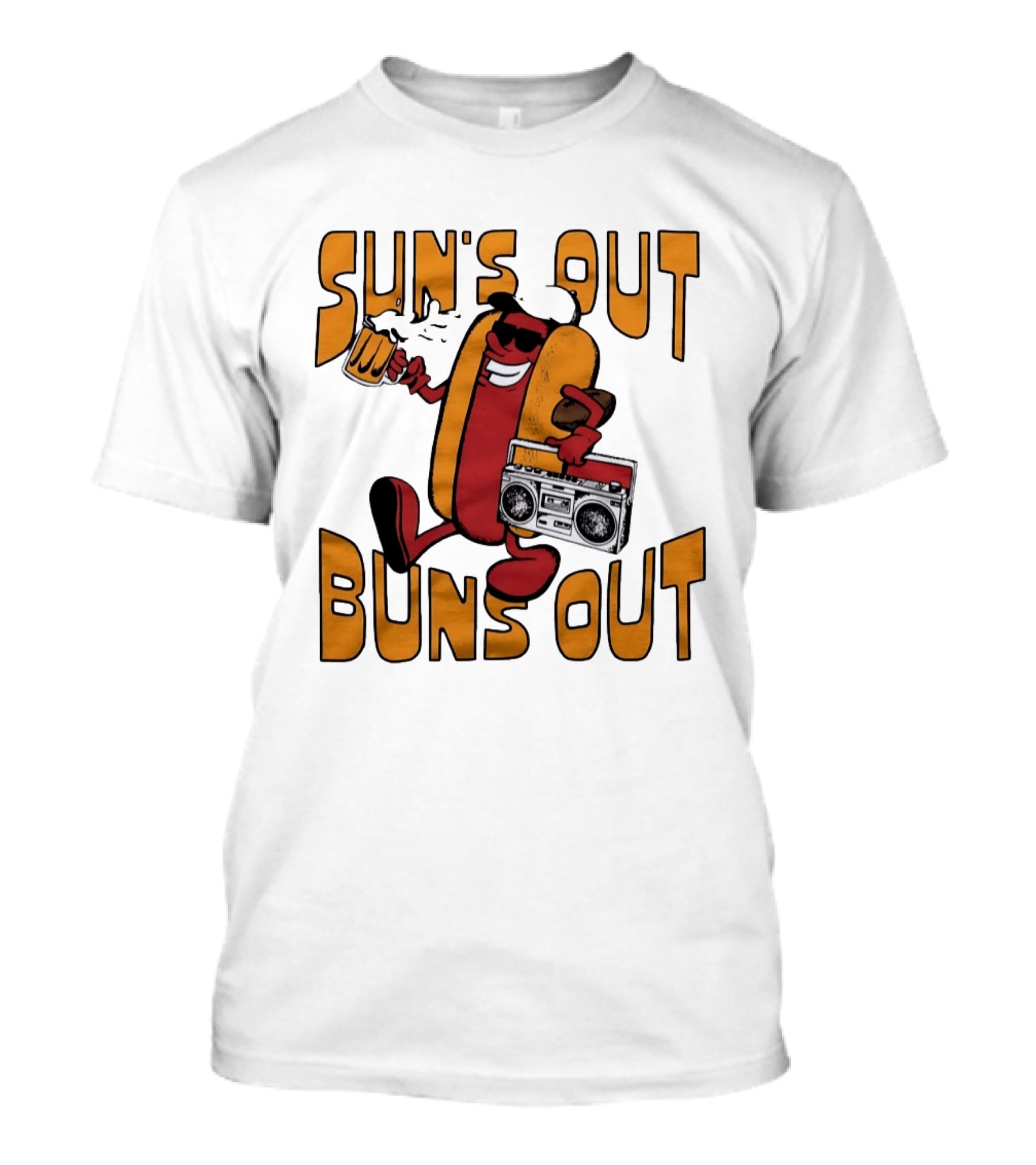 Sun's Out Buns Out Hot Dog With Sunglasses Holding Beer And Boombox T-Shirt