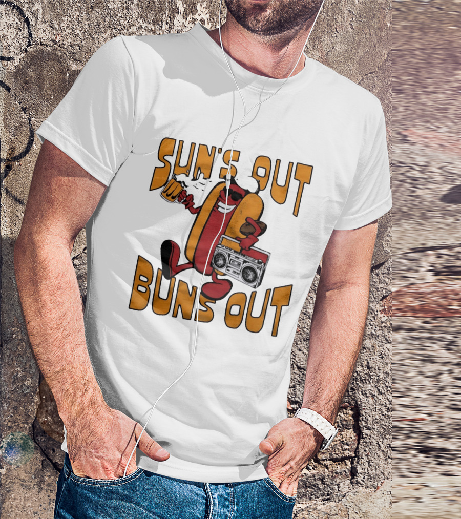 Sun's Out Buns Out Hot Dog With Sunglasses Holding Beer And Boombox T-Shirt