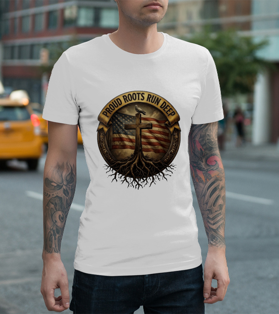 Proud Roots Run Deep Cross Dove American Flag Roots T-Shirt
