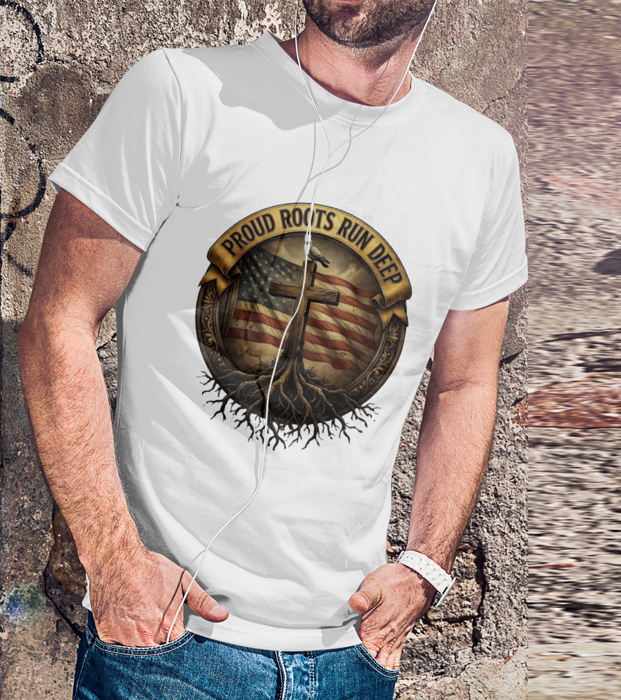 Proud Roots Run Deep Cross Dove American Flag Roots T-Shirt