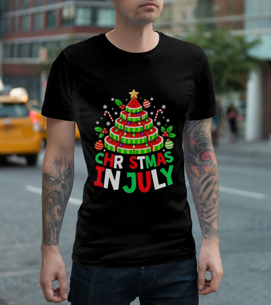Christmas In July Watermelon Tree With String Lights And Candy Canes T-Shirt