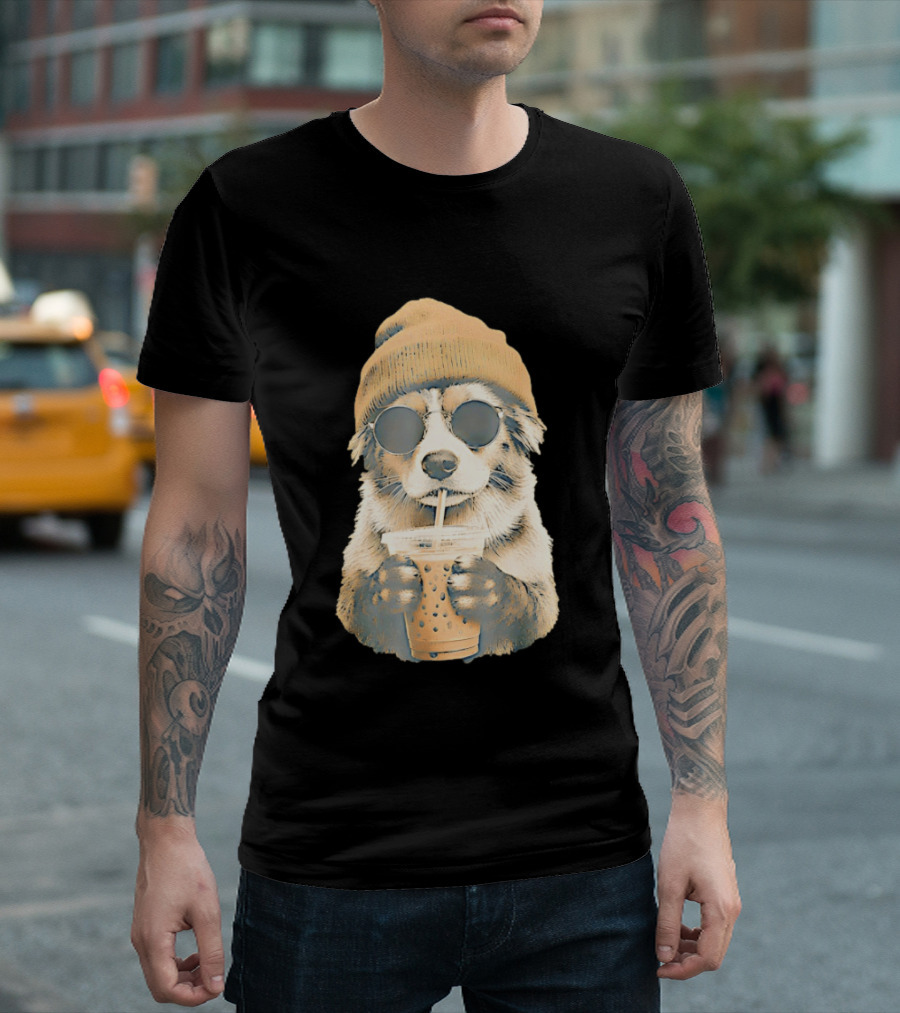 Cozy Dog In Beanie And Sunglasses Enjoying Iced Boba Tea T-Shirt