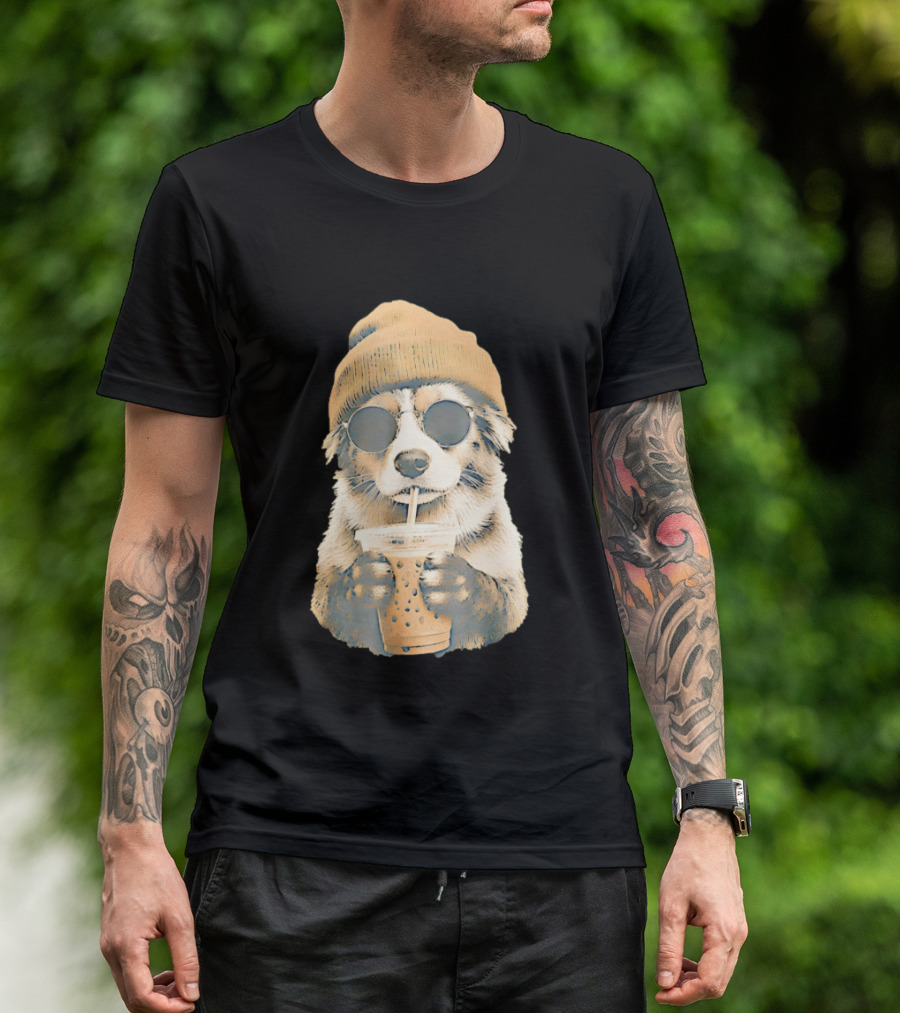 Cozy Dog In Beanie And Sunglasses Enjoying Iced Boba Tea T-Shirt