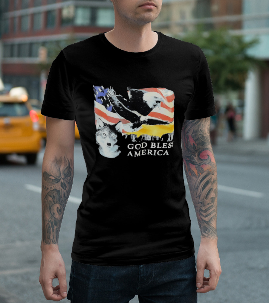 God Bless America Bald Eagle Wolf And American Flag Patriotic T-Shirt