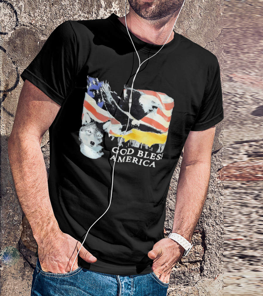 God Bless America Bald Eagle Wolf And American Flag Patriotic T-Shirt