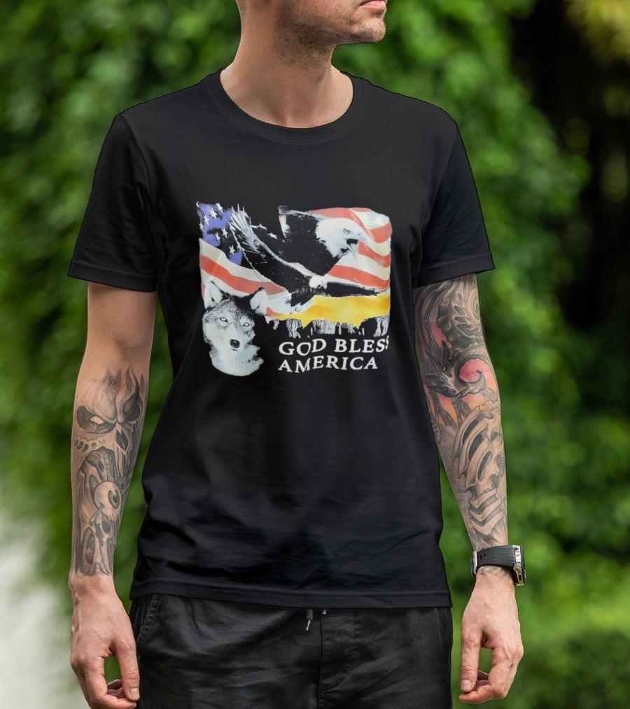 God Bless America Bald Eagle Wolf And American Flag Patriotic T-Shirt