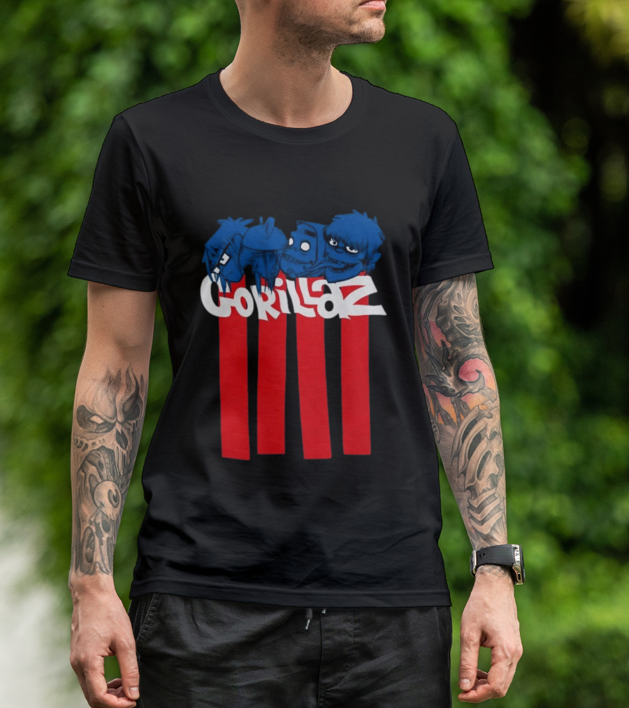 GORILLAZ Pez Heads Characters Red Stripes T-Shirt