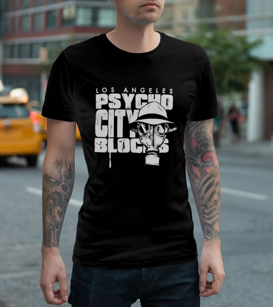 Los Angeles Psycho City Blocks Gas Mask Helmet Bold Lettering T-Shirt